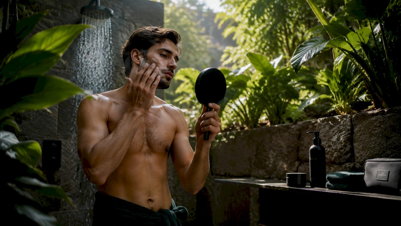 Man applying subtle grooming product in bathroom