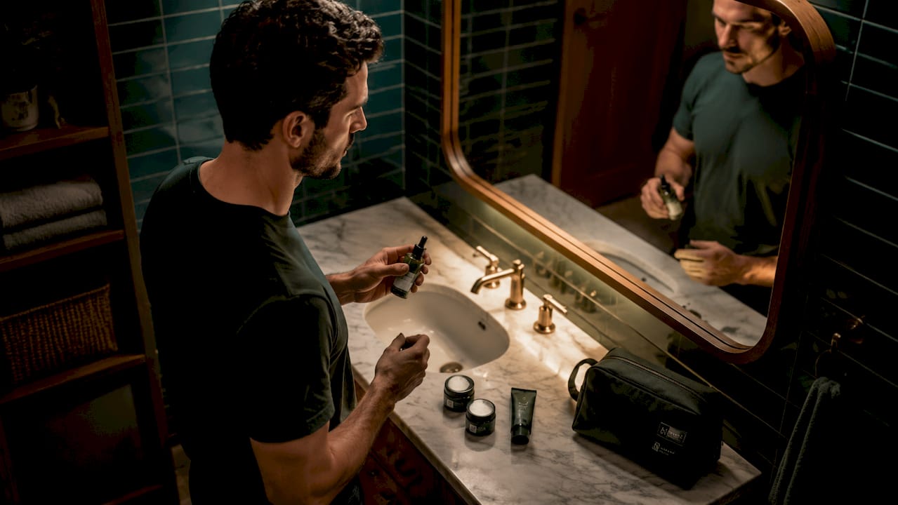 Man preparing nighttime skincare in bathroom