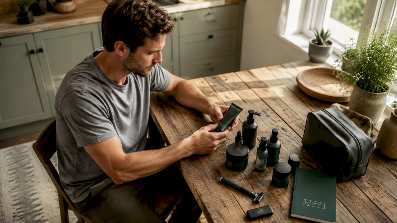 Man comparing men's grooming products at vanity