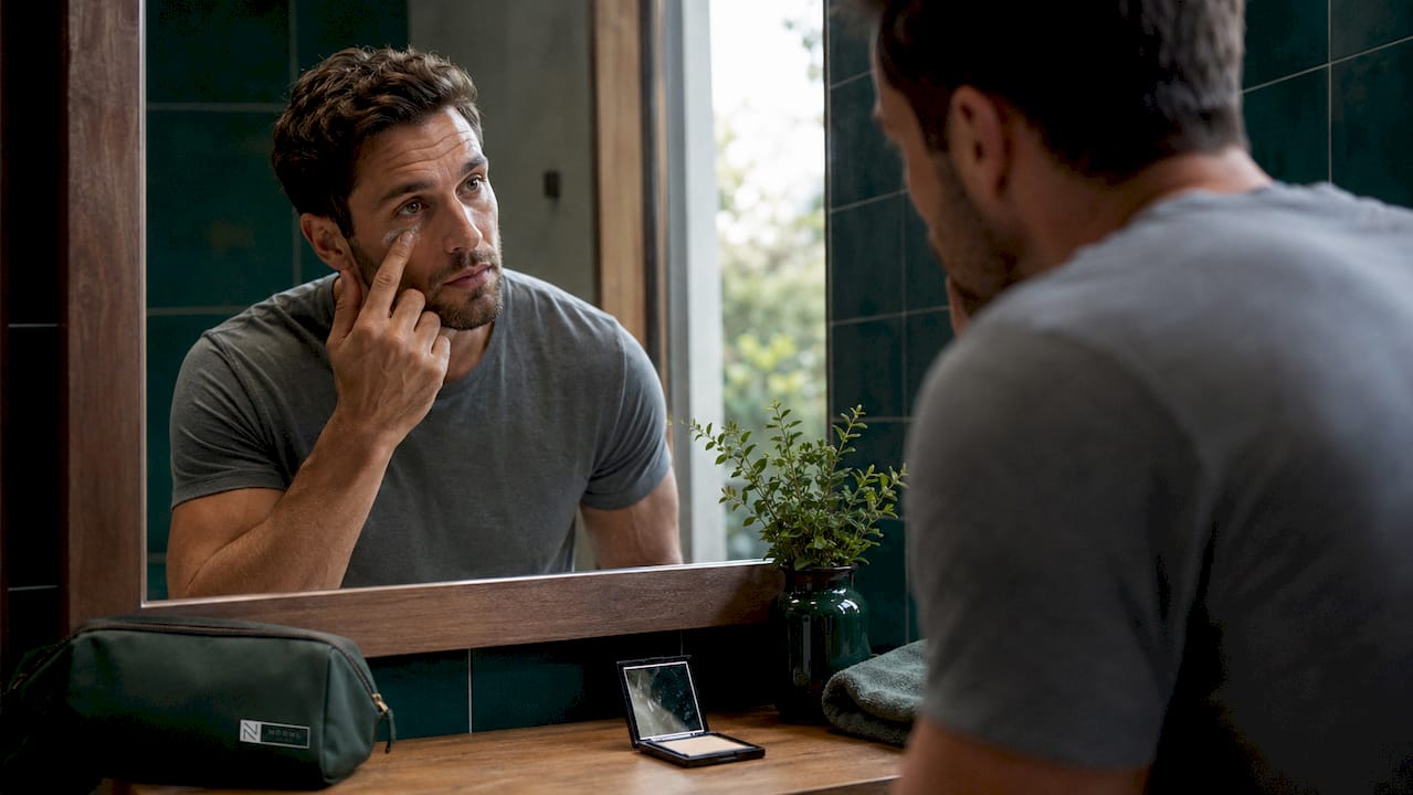 Man applying concealer in bathroom mirror