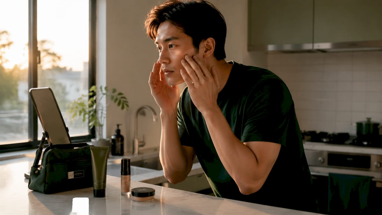 Young man applying subtle makeup