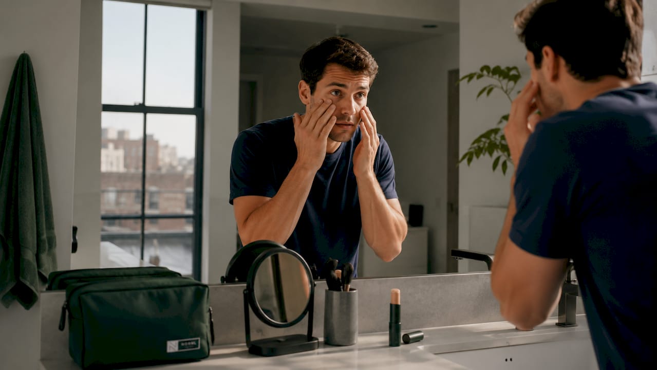 Man applying matte concealer at bathroom vanity