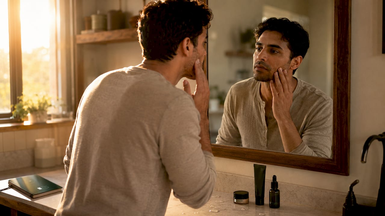 Man examining skin in home bathroom mirror