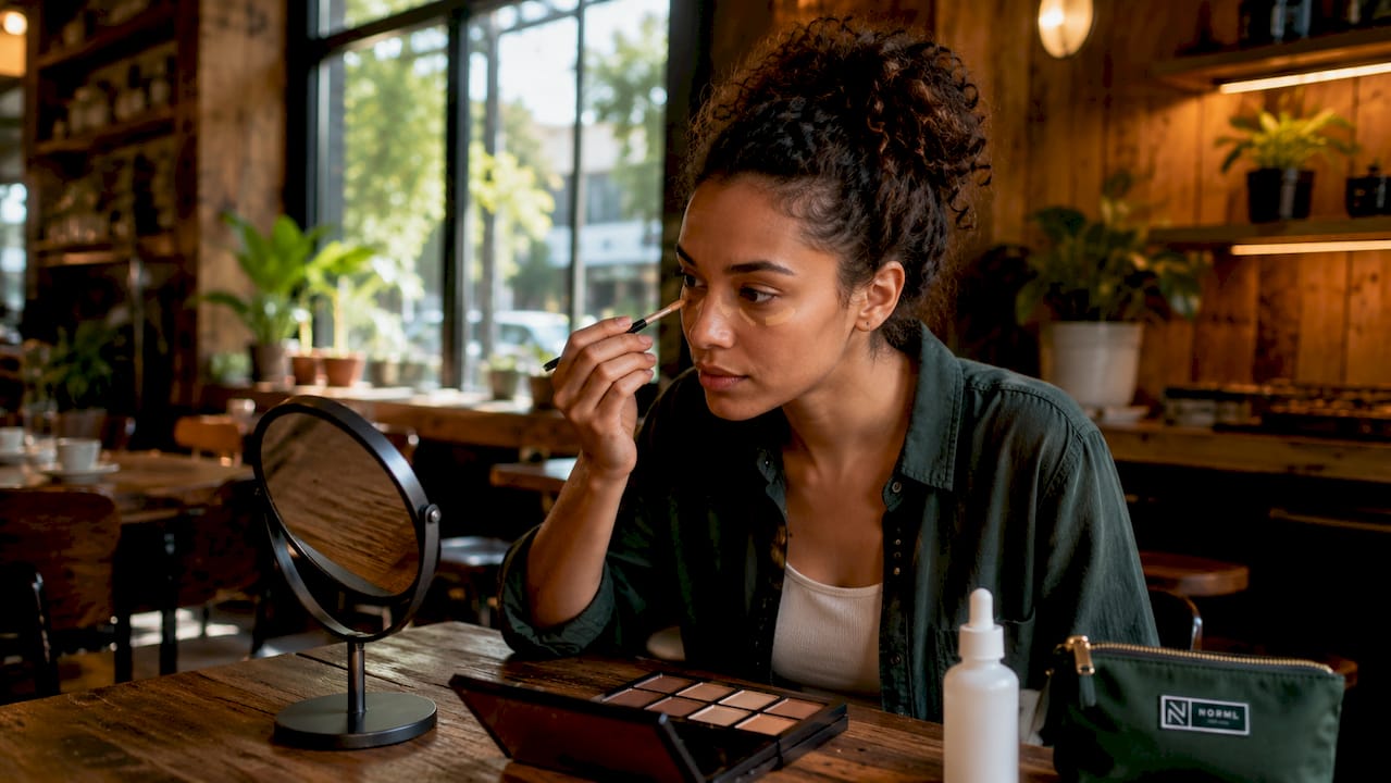 Woman applying concealer at vanity table