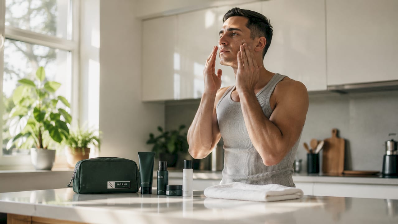 Man applying moisturizer post-gym in bathroom