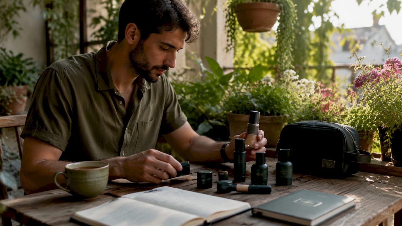 Man reviewing men's grooming products at desk