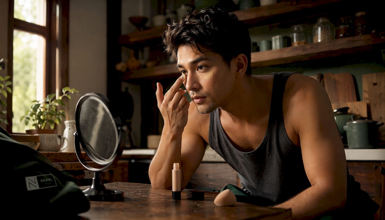Man applying concealer naturally at bathroom vanity