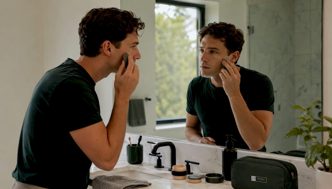 Young man applying natural makeup with sponge