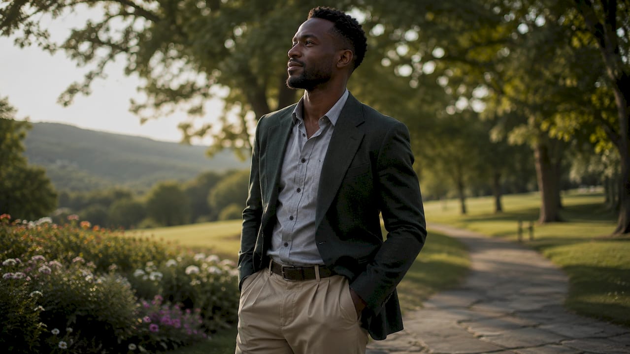 Confident man standing with open posture outdoors