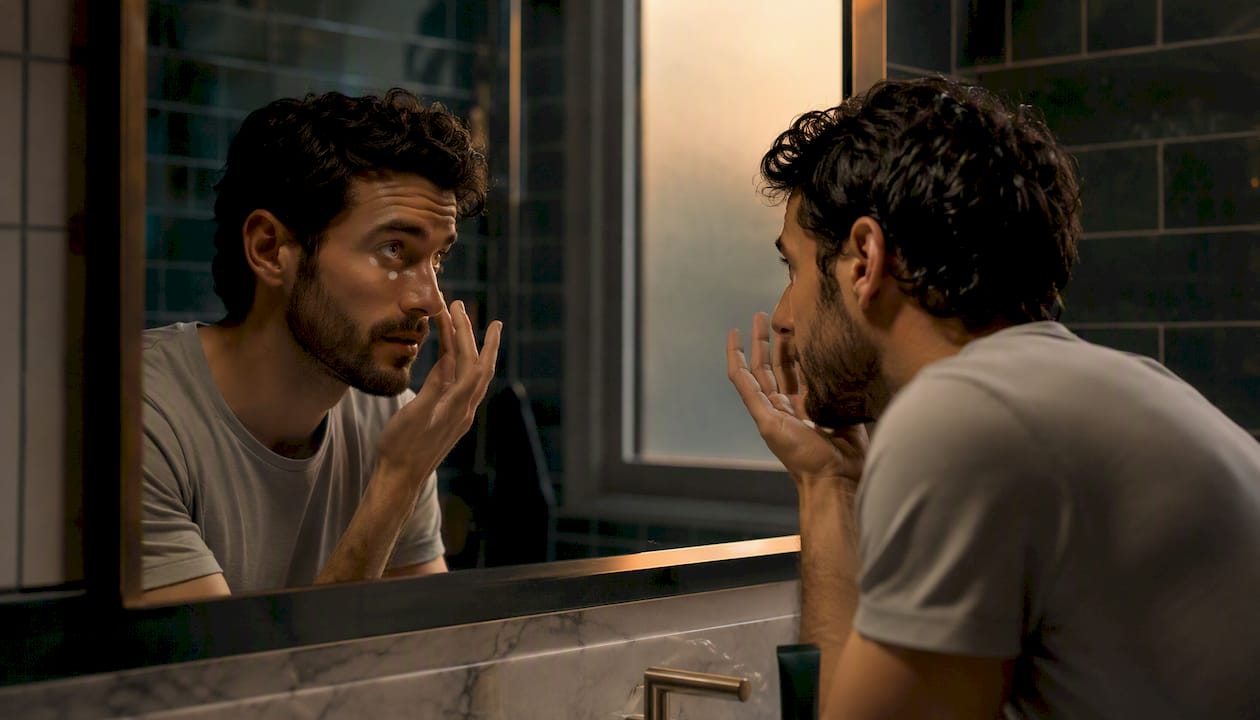Man applying concealer under his eyes