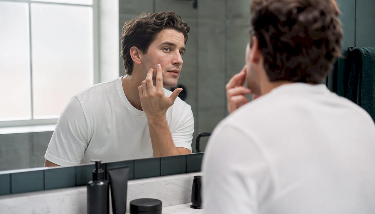 Man discreetly applying concealer with fingertip