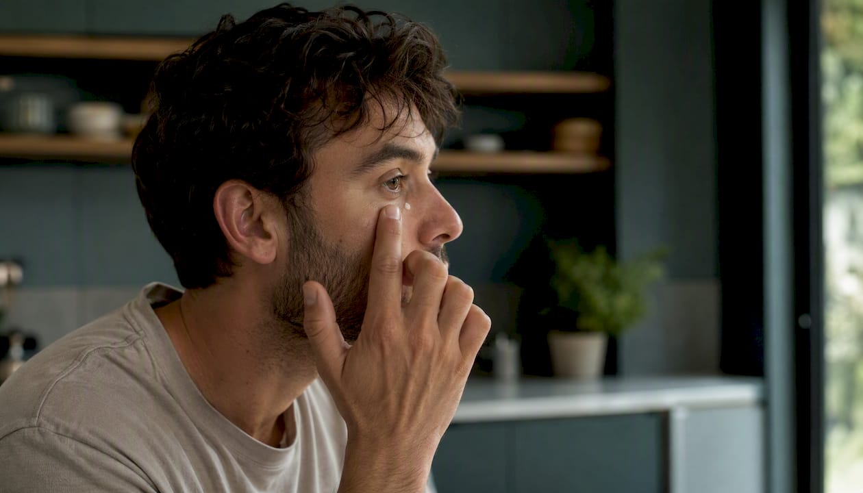 Man applying subtle concealer under eye